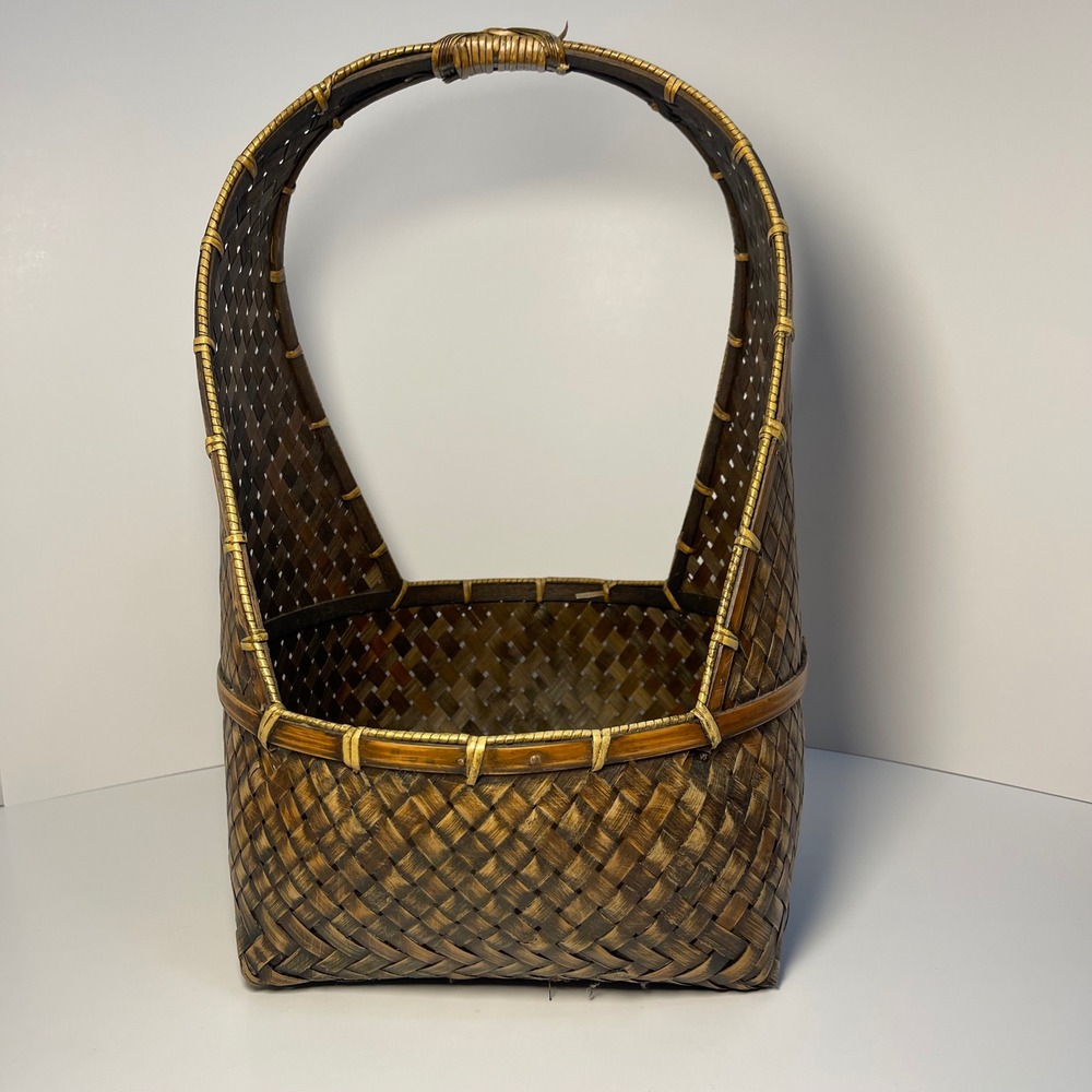 Vintage Woven Bamboo Rattan Gathering Basket Brown High Handle Hanging Pasking